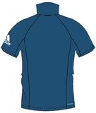 Back of blue Recycled Vegan Adidas Bermuda Performance Polo with white adidas logo on the left arm