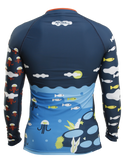 Back view of Colorful Recycled Polyester Trashee Rashguard made from Ocean Waste with Trio Sports logo near the collar