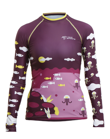 Front view of Colorful Youth Recycled Polyester Trashee Rashguard made from Ocean Waste