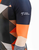 Shoulder of Man wearing Cube Trashee Rashguard with White Trio Sports logo made from Recycled Ocean Waste