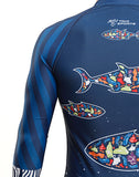 Shoulder of Man wearing Plastique Trashee Rashguard with White Trio Sports logo made from Recycled Ocean Waste