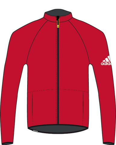Red Adidas Baltic Microfleece with YKK reversed front zipped and white adidas logo on the right arm