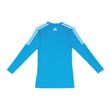 Back of blue Adidas core performance top with white lining from shoulders and white adidas logo
