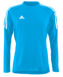 Blue adidas core performance top with white lining on the shoulders and white adidas logo on the left side of the chest