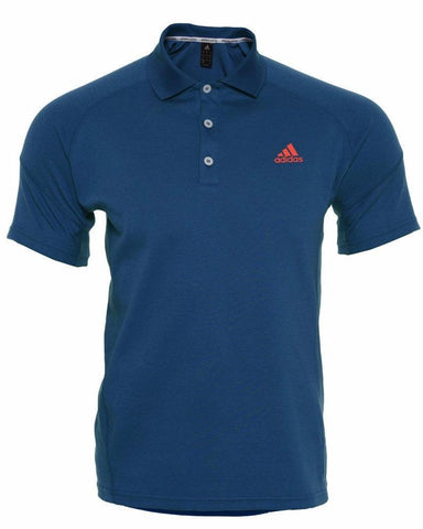 Blue adidas Polo shirt with button-neck and red adidas logo on the chest