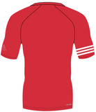 Back of red adidas 100% recycled polyester harbour shirt with white lining on the right arm