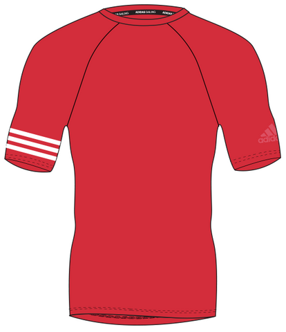Red adidas 100% recycled polyester harbour shirt with white lining on the right arm