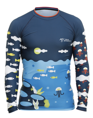 Front view of Colorful Youth Recycled Polyester Trashee Rashguard made from Ocean Waste