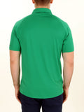 Back of a man wearing green recycled bermuda polo