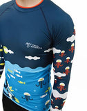 Upper view of Trio Sports Colorful Recycled Polyester Trashee Rashguard made from Ocean Waste