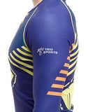 Shoulder of Man wearing Citron Burst Trashee Rashguard with White Trio Sports logo made from Recycled Ocean Waste