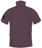 Back of purple Recycled Vegan Adidas Bermuda Performance Polo with black adidas logo on the left arm