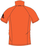 Back of orange Recycled Vegan Adidas Bermuda Performance Polo with black adidas logo on the left arm